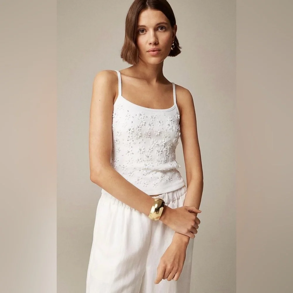 J.Crew NWT Floral Embellished Vintage Rib Tank Top in White